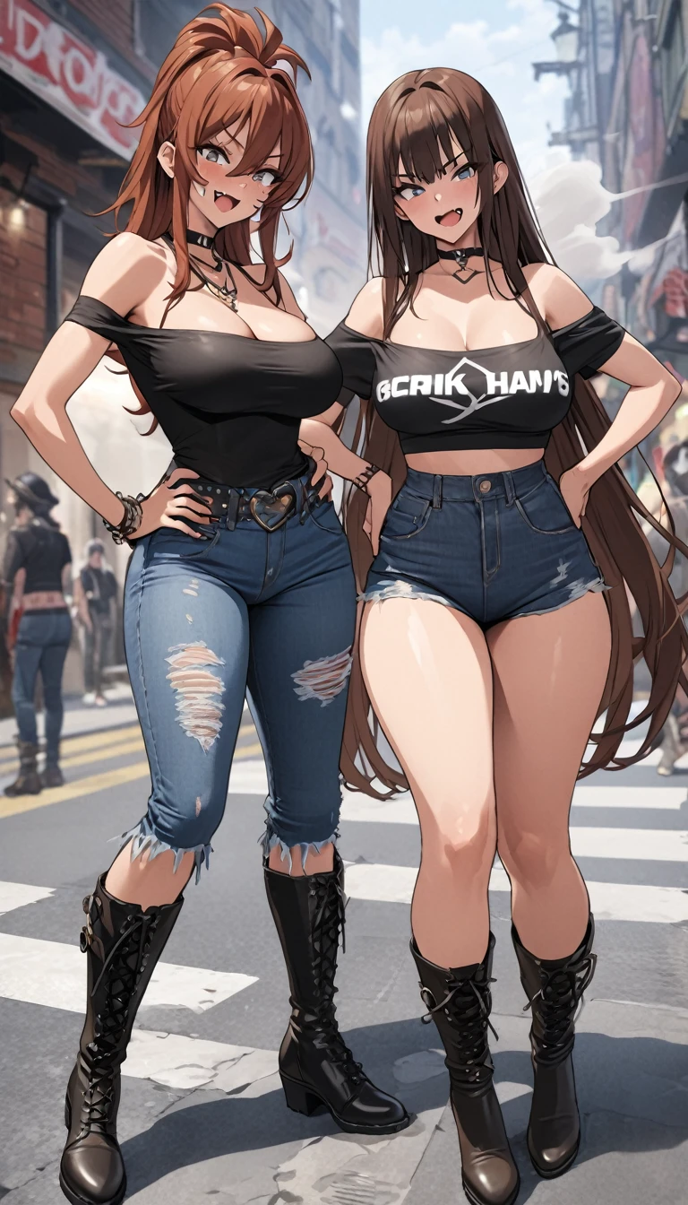 Ultra-high definition image quality、beautiful girl、Yankee girl、Reddish brown hair、Messy long hair、Gal、bustling street、Off-the-shoulder T-shirt、Distressed denim、Tight low rise denim、Highest quality, Big Ass、Thighs、Big Boobs、High cut boots、Glare、Place hands on hips、intimidating face、Hold a cigarette in your mouth、Smoke from cigarettes、Punk Fashion、Yankee sitting
