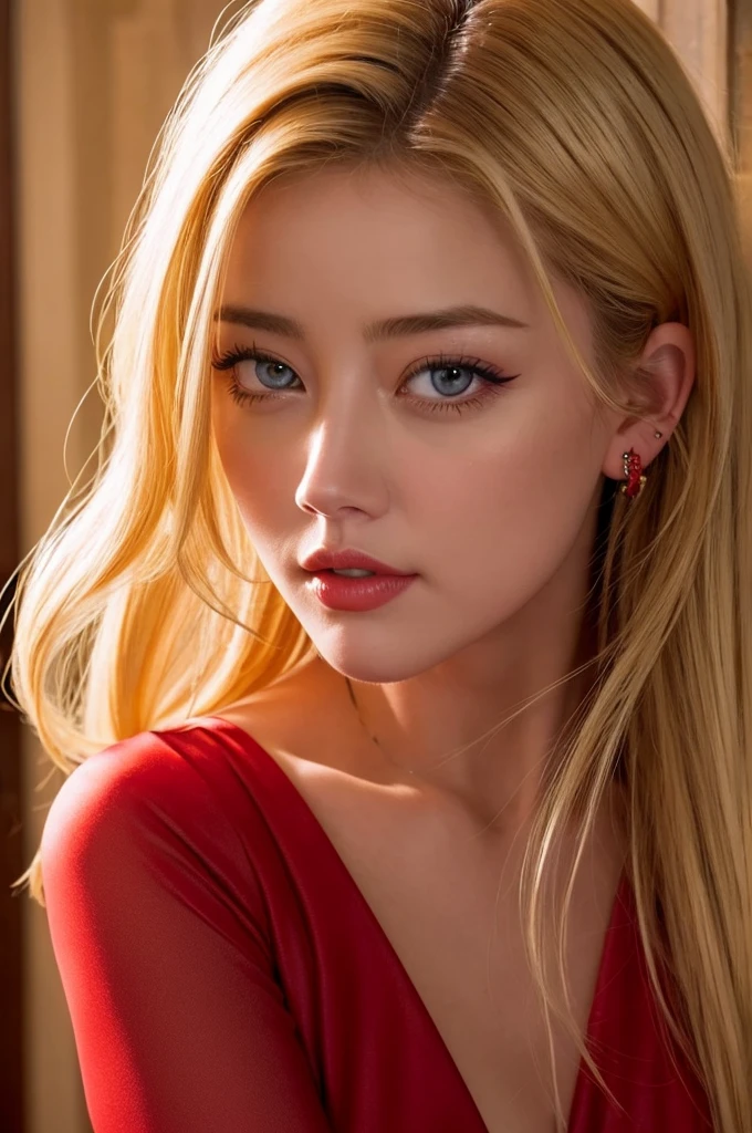 (Photo of your face:1.2), woman (Amber Heard), Red dress, blonde, Amorous