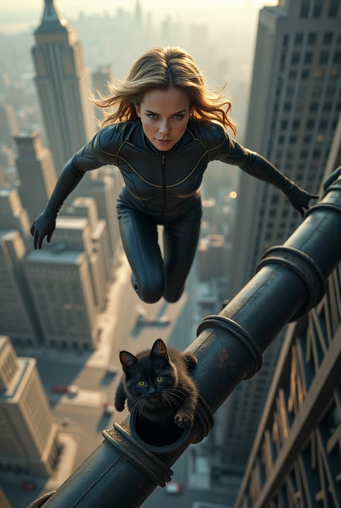 photorealistic superhero woman looking like a very young Jennifer Aniston flies to save very small scared black kitten stuck in the drainpipe on the roof at the great height of a skyscraper at a great height and can't get free