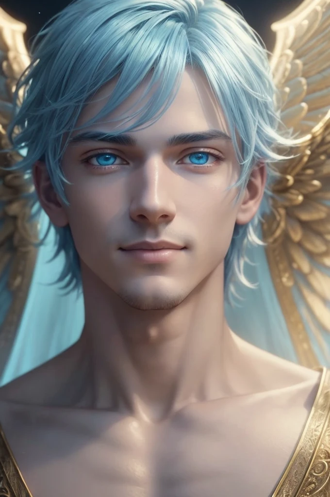 a male angel with light blue hair,bright golden eyes,perfect smile,average build,detailed eyes and face,extremely detailed skin,delicate facial features,heavenly atmosphere,cinematic lighting,intricate angelic wings,glowing aura,serene expression,masterpiece,photorealistic,8k,hyper detailed,dramatic lighting,cinematic,muted colors,soft warm glow