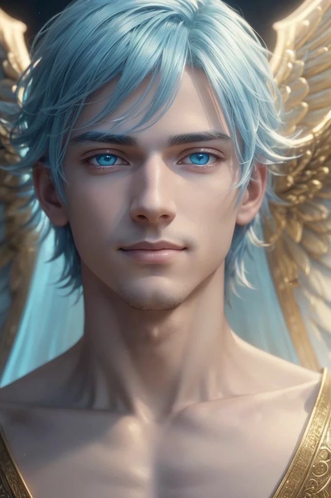 a male angel with light blue hair,bright golden eyes,perfect smile,average build,detailed eyes and face,extremely detailed skin,delicate facial features,heavenly atmosphere,cinematic lighting,intricate angelic wings,glowing aura,serene expression,masterpiece,photorealistic,8k,hyper detailed,dramatic lighting,cinematic,muted colors,soft warm glow
