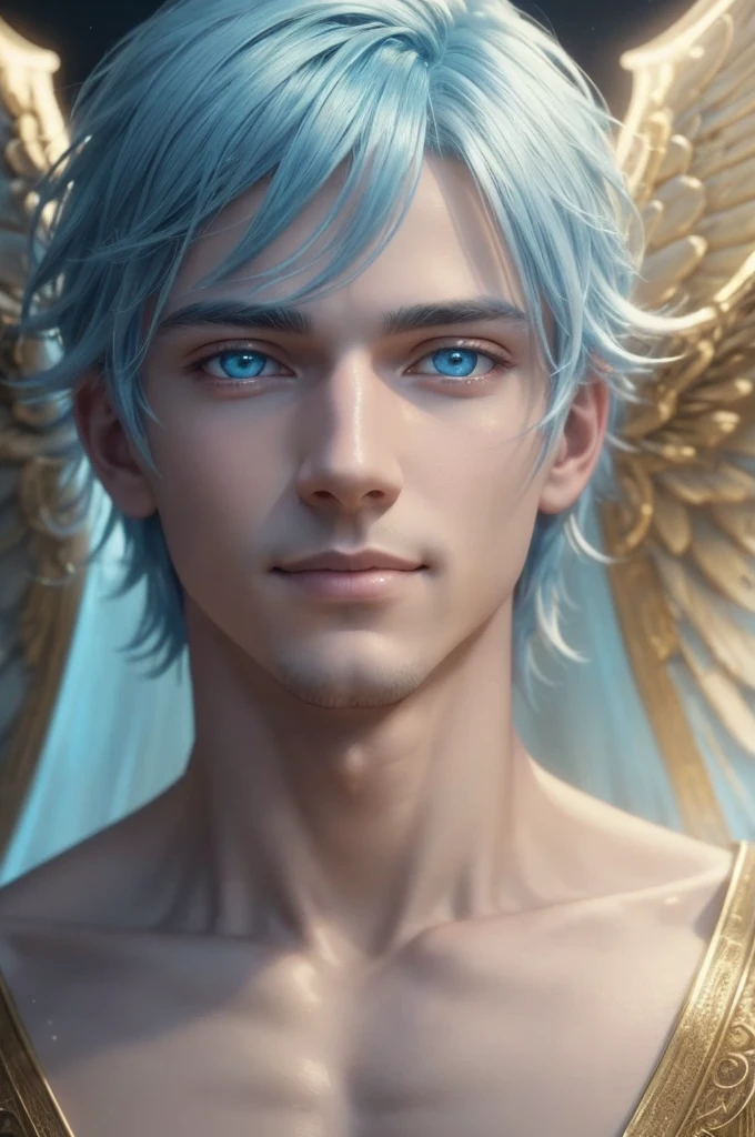 a male angel with light blue hair,bright golden eyes,perfect smile,average build,detailed eyes and face,extremely detailed skin,delicate facial features,heavenly atmosphere,cinematic lighting,intricate angelic wings,glowing aura,serene expression,masterpiece,photorealistic,8k,hyper detailed,dramatic lighting,cinematic,muted colors,soft warm glow