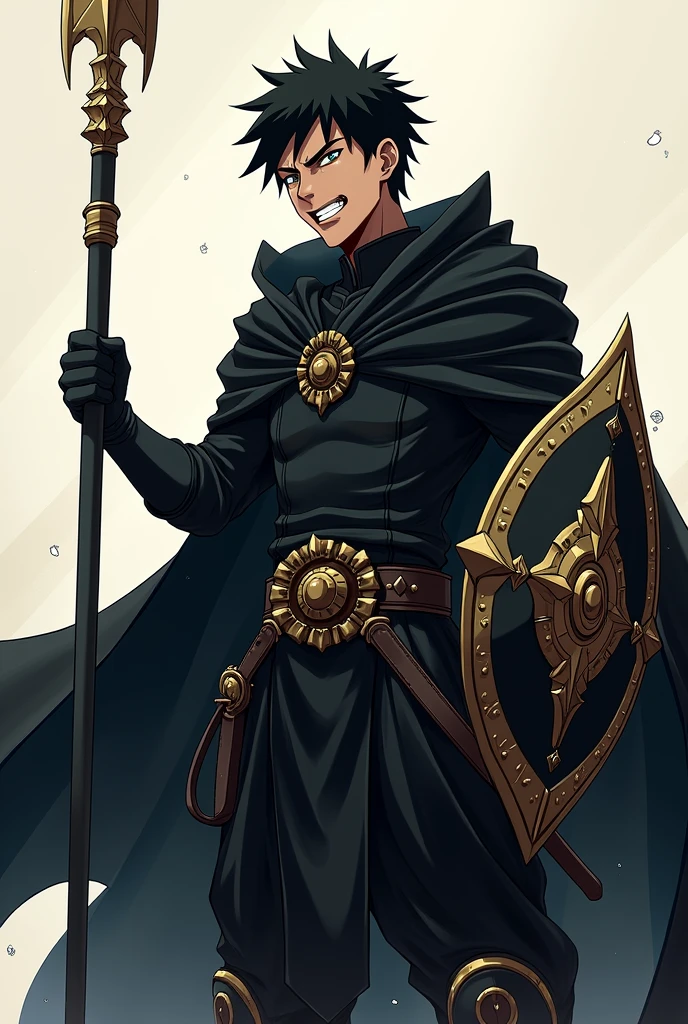 Make a anime character who has a spear ,a shield,a cloak in black color ,royal king dress up in black color without crown,male character,whole character is in rage mood ,20 years old worrier, slime , doesn't have six pax and muscle, jjk like animation.