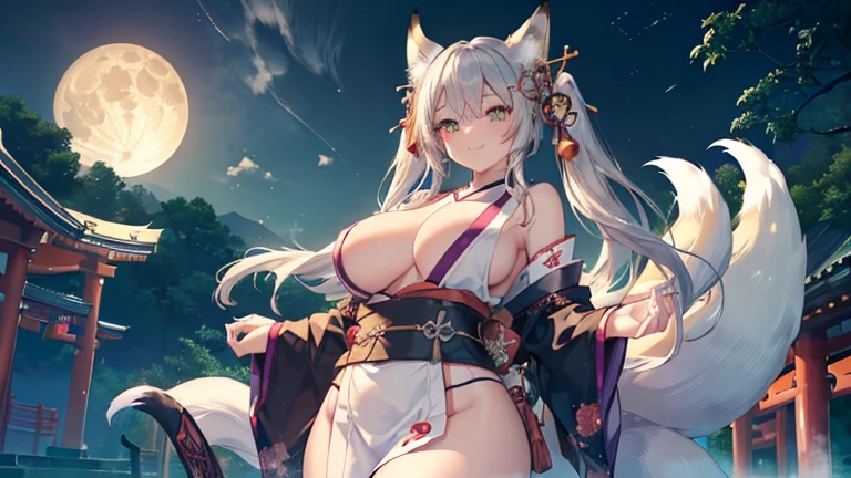 nsfw,((1girl)), (wide shot:1.3),(masterpiece, best quality), High resolution, Very detailed,4K,8k, ((Anatomically correct number of limbs),(Anatomically correct number of fingers)), ((seductive smile) ,((fox ears,fox tails),silver hair,Long twin tails,shiny hair:1.3), ((oiran),(Clothes with purple glitter lines)), (heterochromia,(red eye,green eye))), ((big breasts),beautiful breasts,curvy),((Late Night),(Big Full Moon in the Sky),(Japan atmosphere),(mysterious),(Sacred),(japanese shrine),Vibrant neon glow)
