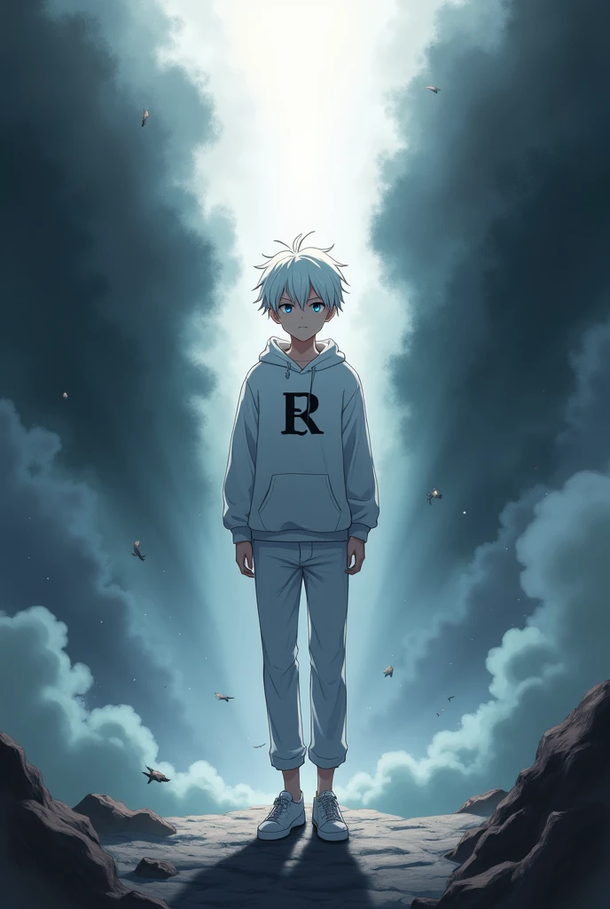 A boy in white hoodie with white pant anime adult written R in black colour in hoodie white hair background like he is in half heaven half hell with whit eyes