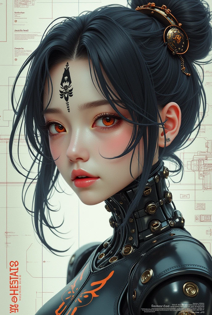 (((1 anime girl))), (((Tattoo in the middle of the forehead))), (((Great hair accessories))), ((Masterpiece:1.2)), ((Highest quality)), (Masterpiece, Top quality, Best quality, Official art, Beautiful and aesthetic:1.2)، (Masterpiece:1.2,Exceptional quality,mirror like,Cinematic experience,Realistic:2.0,Raw images:2.0,Very detailed),8 k,Wall paper,(Representing diagrams through three-dimensional graphics:2.0),(Pretty woman:2.0),female cyborg,(female cyborgの設計図:2.0),(front view drawing:2.0),(Avant-garde design:2.0),(draw detailed diagrams:2.0),(Several notes on settings:2.0),(Beautiful Face,beautiful eyes,beautiful hair)
