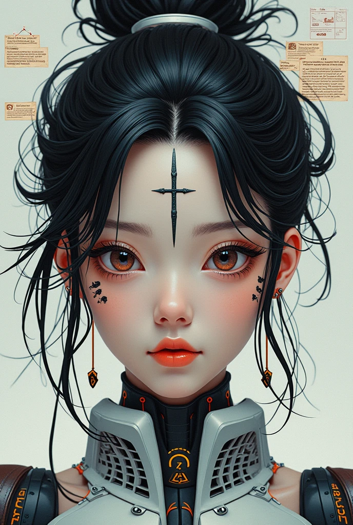 (((1 anime girl))), (((Tattoo in the middle of the forehead))), (((Great hair accessories))), ((Masterpiece:1.2)), ((Highest quality)), (Masterpiece, Top quality, Best quality, Official art, Beautiful and aesthetic:1.2)، (Masterpiece:1.2,Exceptional quality,mirror like,Cinematic experience,Realistic:2.0,Raw images:2.0,Very detailed),8 k,Wall paper,(Representing diagrams through three-dimensional graphics:2.0),(Pretty woman:2.0),female cyborg,(female cyborgの設計図:2.0),(front view drawing:2.0),(Avant-garde design:2.0),(draw detailed diagrams:2.0),(Several notes on settings:2.0),(Beautiful Face,beautiful eyes,beautiful hair)