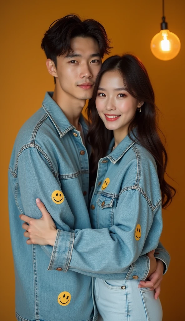 A handsome Korean young man with facial features similar to a well-known Korean celebrity is embracing his beautiful girlfriend in a cozy photoshoot. The man has a strong, defined jawline, high cheekbones, and expressive almond-shaped eyes that convey warmth and confidence. His slightly wavy hair is styled neatly, and he has a subtle, engaging smile that complements his refined appearance. His girlfriend, with a heart-shaped face and smooth, fair skin, radiates a natural glow. She has almond-shaped, deep brown eyes exuding warmth and kindness, framed by well-defined eyebrows with a gentle arch. Her small, straight nose has a soft, slightly rounded tip, and her full, naturally pink lips curve into a subtle, inviting smile. Her high cheekbones and soft waves of hair enhance her refined look. She is dressed in a trendy smiley face denim outfit—light-wash denim jacket and jeans with playful smiley face patterns. Both are looking directly at the camera, capturing their affectionate connection and her cheerful yet elegant style in a warm, engaging photoshoot setting.