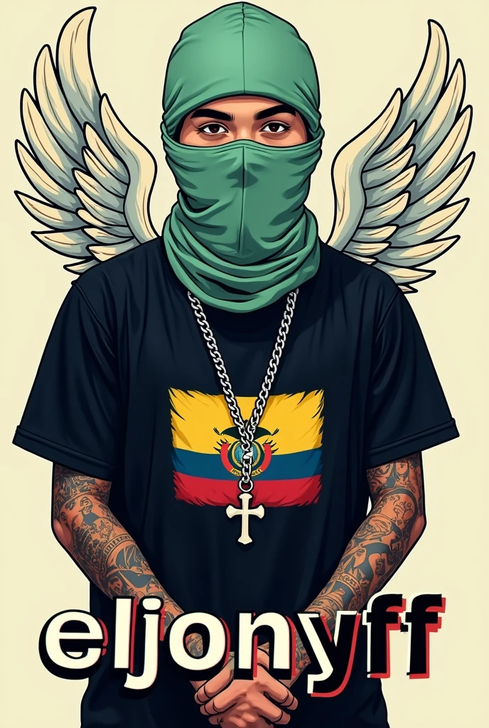 Create me a logo of a teenage rapper with a light green balaclava with a black shirt with a small print of the Ecuadorian flag slipping a silver chain with a cross pendant around his neck with his hands and tattoos on his arms with hurt wings on the back of an angel and that below it says ElJONYFF in capital letters 
