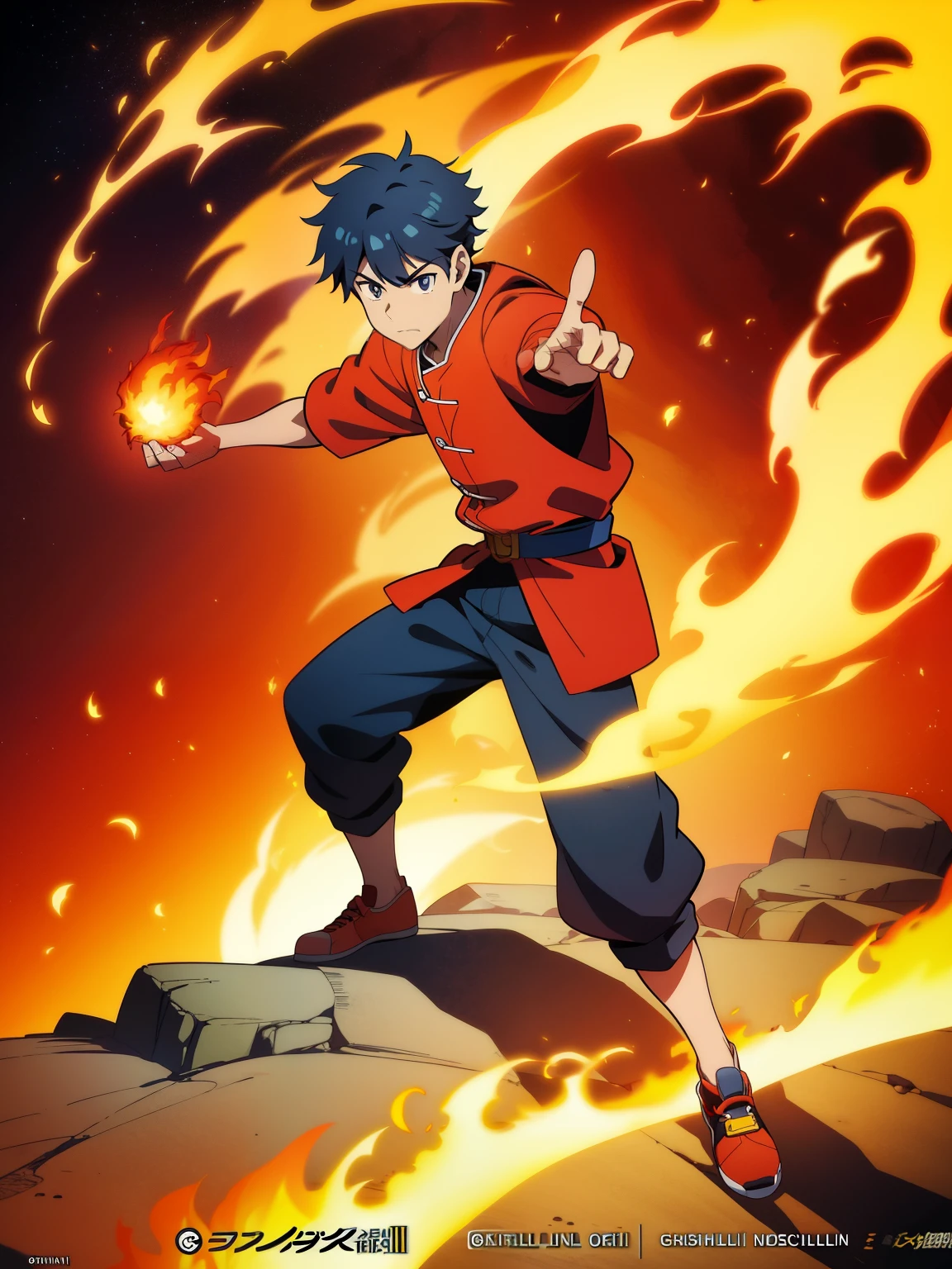 a cartoon picture of a man with a fireball in his hand, concept art inspired by Cliff Childs, pixiv contest winner, sots art, fire!! full body, in the style of sifu 🔥 😎 🕹️ 👀 :2, official art, high quality fanart, striking manga artstyle, epic anime style, detailed fanart, official fanart