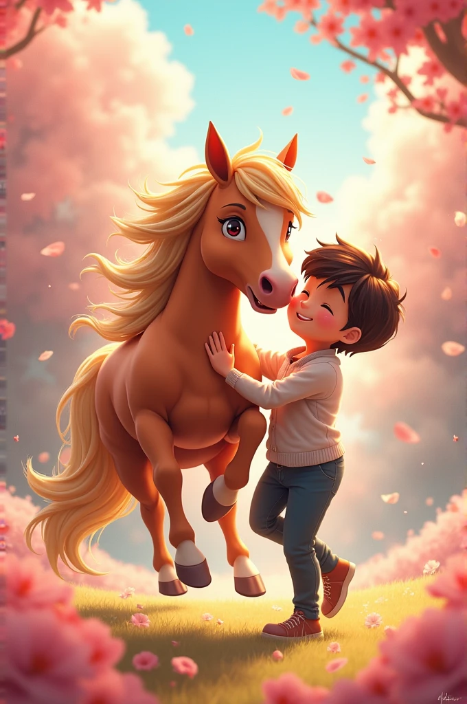 Make me a horse who is happy because she is with her anime boyfriend