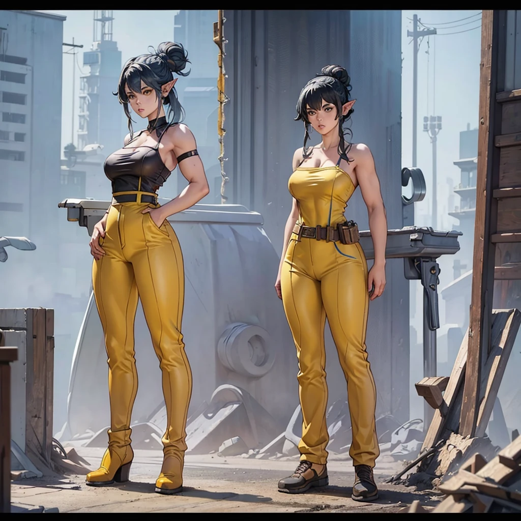 dirty female elf mechanic, 1 girl, (standing alone:1.5), full body shot shot, busty , wearing just a jumpsuit, Bblack hair, yellow eyes , muscular arms, cups, hair in a messy bun