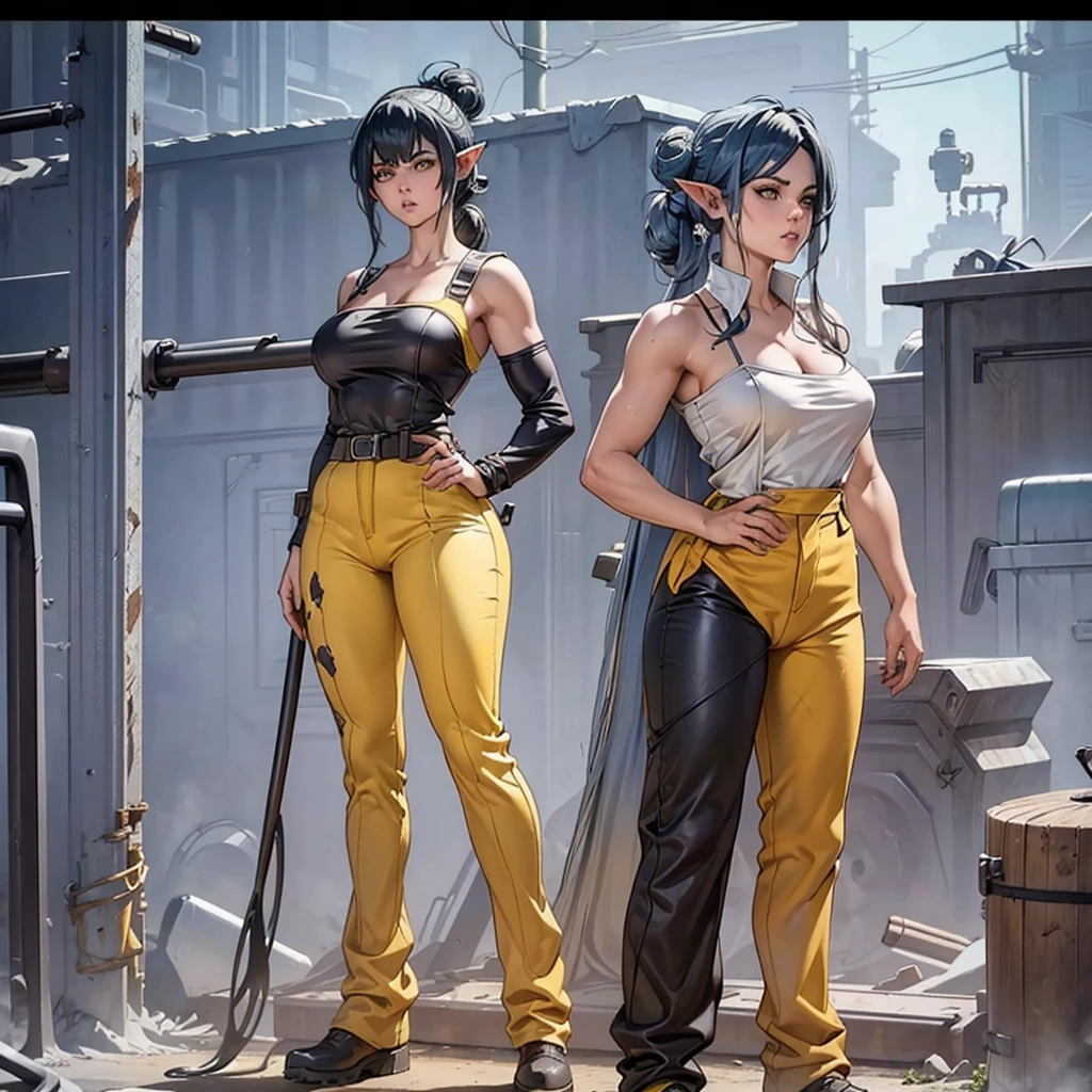 A closeup of a woman wearing uniform and some other poses, Lady, DMC, Devil may cry, action poses and sexy poses,sexy poses, woman with short black hair, fit body, gynoid body, perfect body, fit body, abdomen, big breasts, chubby butt, prancing ass, prancing butt, full body concept art, detailed full body concept art, Yusuke Murata's style, Oppai proportions, official character art, uniform, full body concept, (best quality, masterpiece) a cute chibi girl,