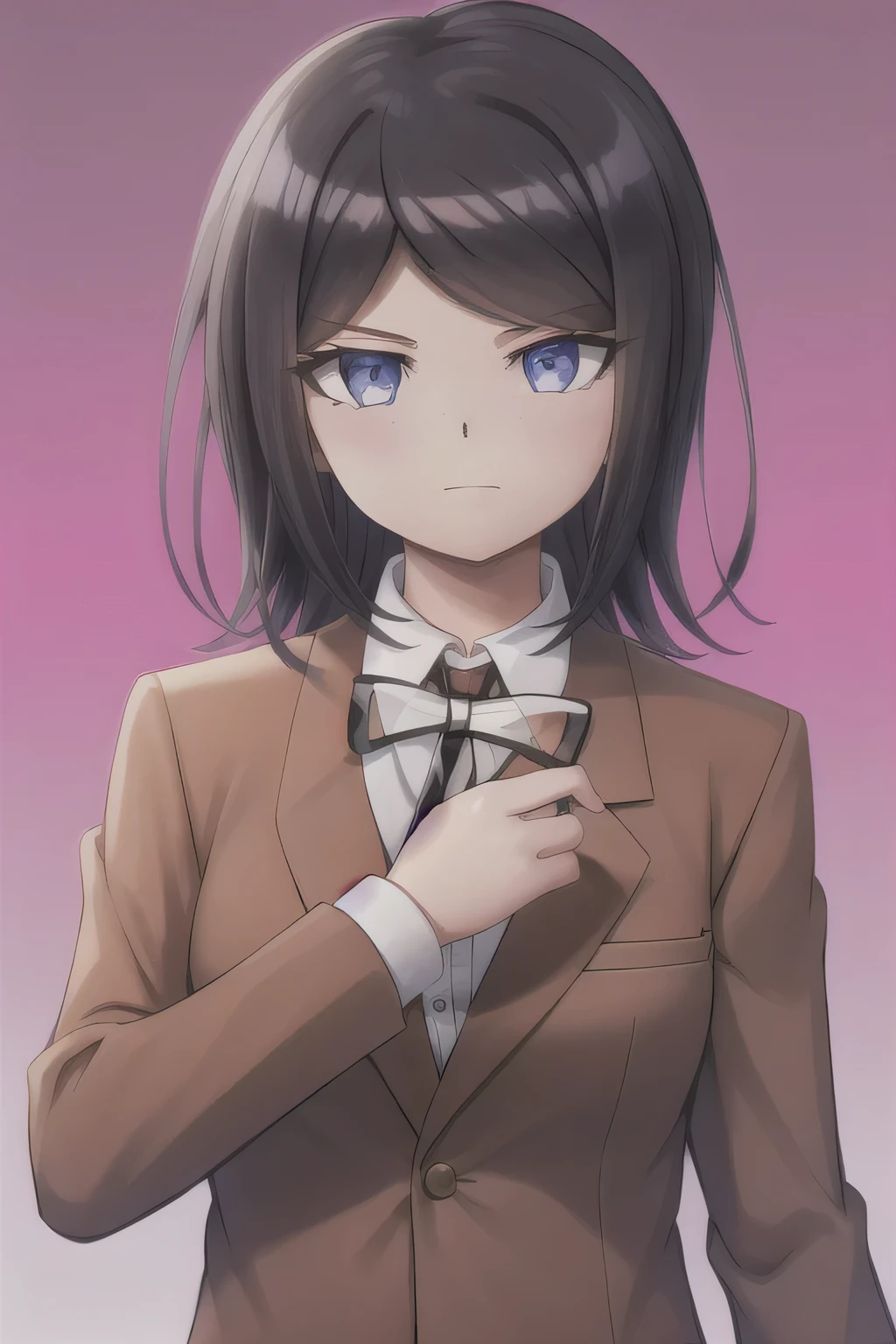 Masterpiece, Best Quality,  1girl, solo, jacket, ribbon, shirt, neck ribbon, upper body, looking at viewer, collared shirt, brown jacket, white shirt, black ribbon, breasts, simple background, closed mouth, white background, long sleeves, shiny hair, school uniform, transparent background, medium breasts, shiny. 