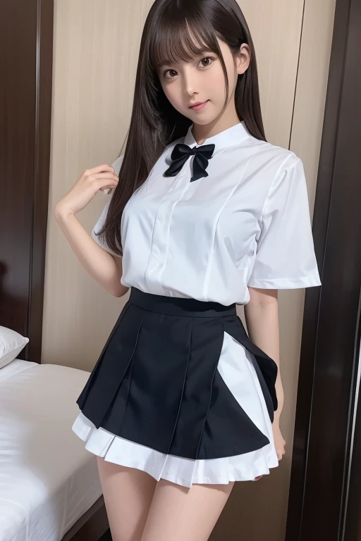 Hotel bed uniform White clothes high resolution Not too small bust Black Mini Skirt Skirts should be shortened Beautiful hair Height 153cm Lift-up skirt A white swimsuit is visible Holding up her skirt with her own hands The skirt is flipped up Adult Images R18 Panty shot Expose more skin on your lower body