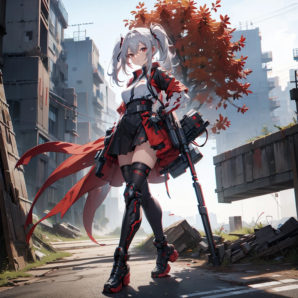 (masutepiece, Best Quality), (Perfect athlete body:1.2), (detailed hairs), Ultra-detailed, Anime style, Full body, Cyberpunk Ninja Gunner Girl, Wearing Techwear, Red Accessories, Wielding a huge high-tech gun, Black and white hair, stew, Mechanical arm guard, Wear high-tech boots, 8K High Resolution, trend artstation, White background, Standing in the wasteland, Whole body,