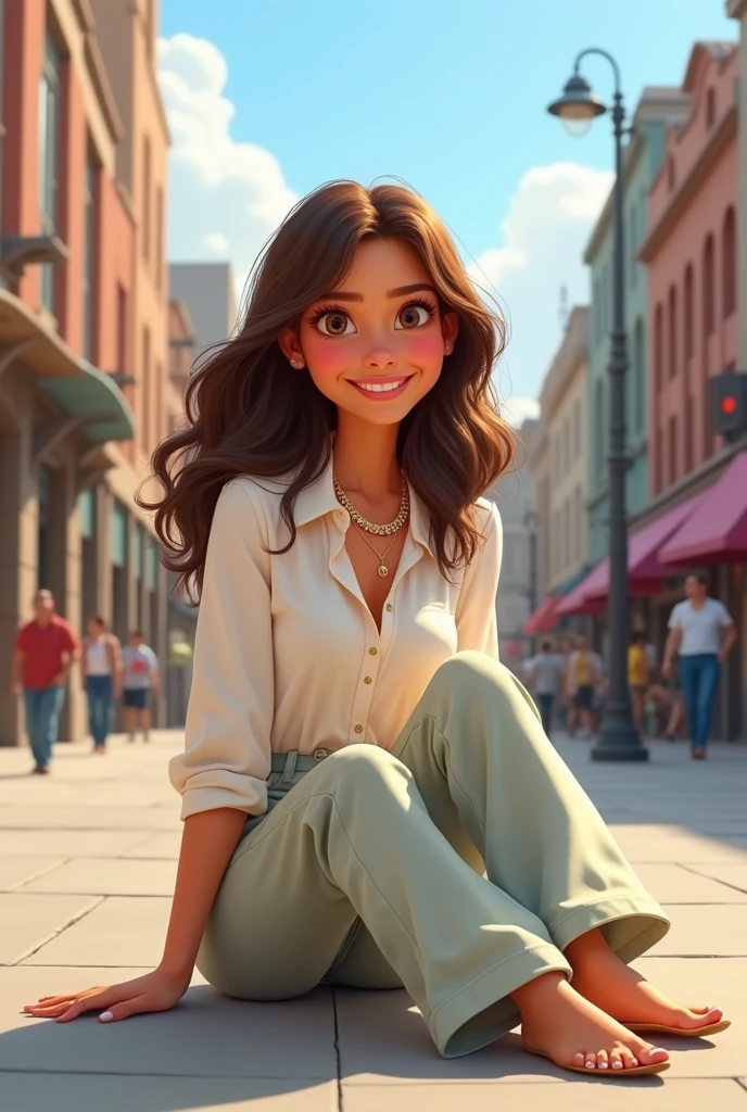 Woman dressed in white blouse , flare pants, sitting on the sidewalk , happy face , Pixar-style