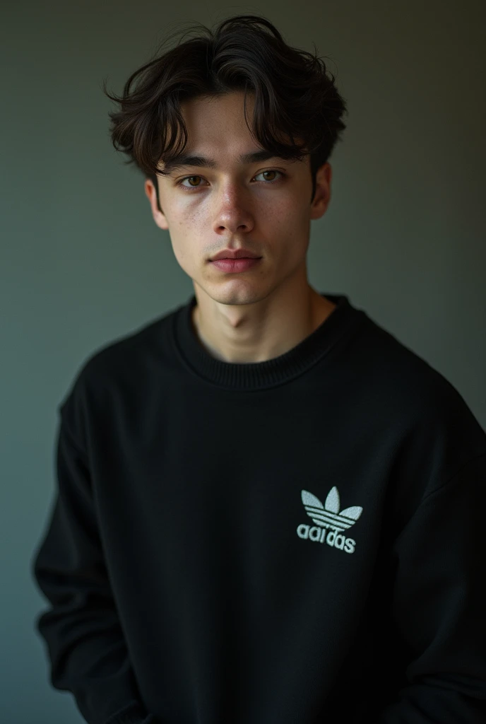 Shot of a 20 year old man, with a mysterious smile, holding a branded sweater 