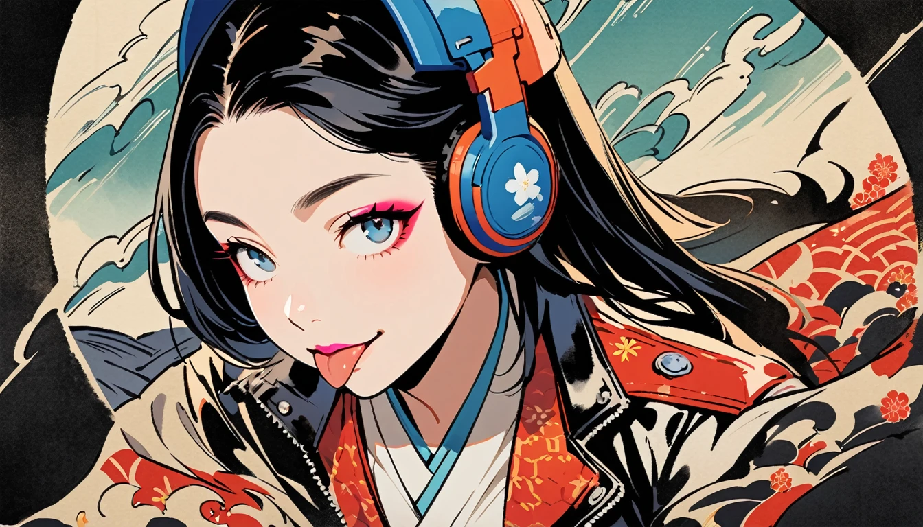 (((Ink Painting))), (((from above))), (((1 female))), (((Leather jacket with Japanese patterns))), (((Wink, Sticking out tongue))), (((Very flashy makeup))), Japanese style headphones, face close-up, front view, Japan人の美少女, Black Hair, Delicate and precise, Modern ukiyo-e style,Japan, Droopy eyes, round face, Glare, Fuller lips, vivid color