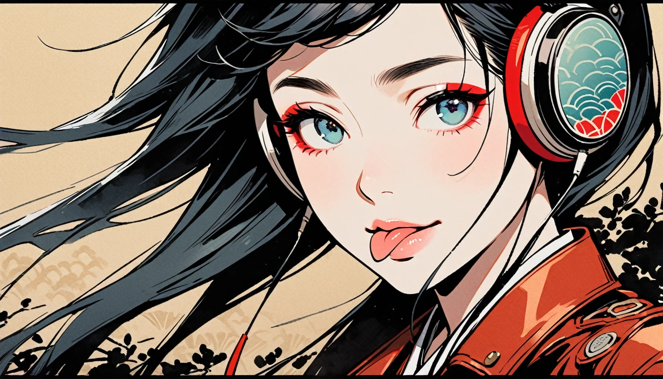 (((Ink Painting))), (((from above))), (((1 female))), (((Leather jacket with Japanese patterns))), (((Wink, Sticking out tongue))), (((Very flashy makeup))), Japanese style headphones, face close-up, front view, Japan人の美少女, Black Hair, Delicate and precise, Modern ukiyo-e style,Japan, Droopy eyes, round face, Glare, Fuller lips, vivid color