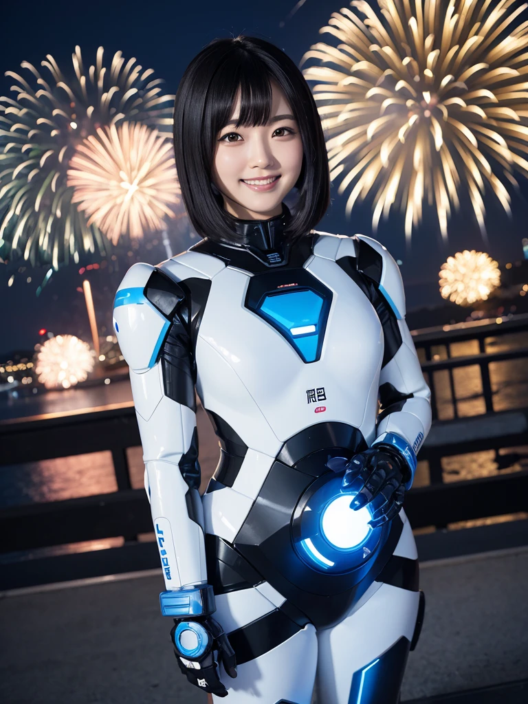 Japanese female android,Black Hair,White and blue robot suit,Plump,night,Watching fireworks,smile