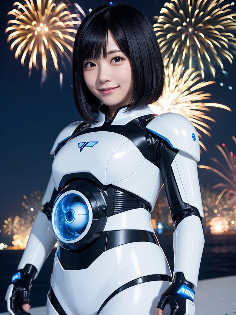 Japanese female android,Black Hair,White and blue robot suit,Plump,night,Watching fireworks,smile