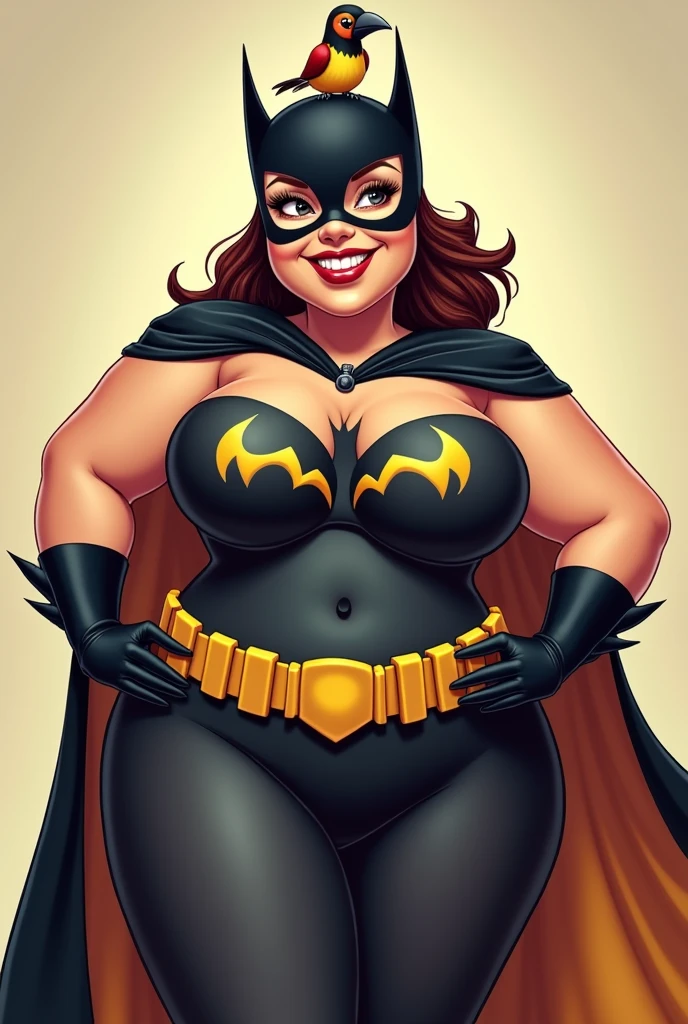 A hot curvy girl wearing batwoman costume and has a real hornbill bird sitting on her head. Make it cartoony . No make her huge and the bird smaller and make her curvier and the bird is a separate entity even smaller than her boob in size. No need to create full inage of her just her upper body is enough.