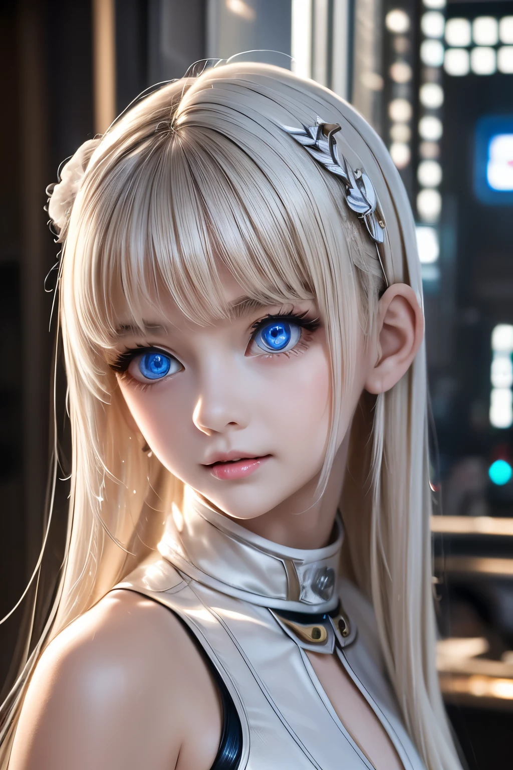 masterpiece,Highest quality,Very detailed,Mechanical workshop of the future,16 talented beautiful girls,Small breasts,White straight hair,Perfect Blue Eyes,very cute,Cyberpunk Costume,Uplifting