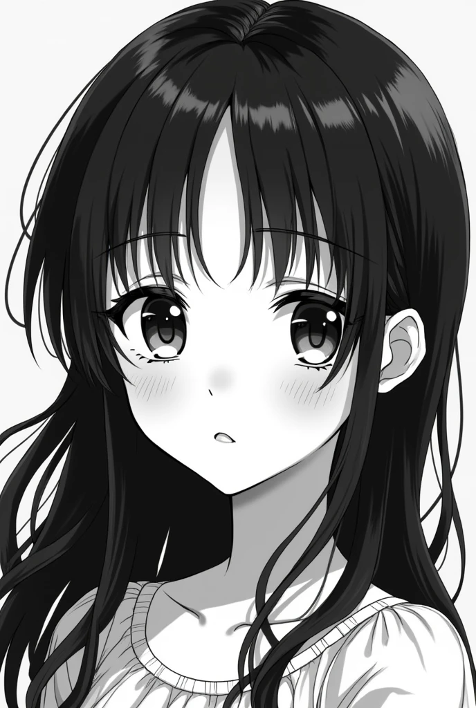 anime b&w girl, doe eyes, flat nose, long hair without bangs, curly eyelashes