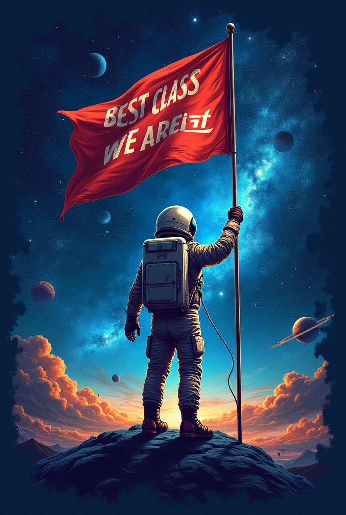 Create a design for the back of a shirt with an outer space feel. , the sea and the astronaut holding a flag that says best class we are 5f . And give the location of the clothes design. And can be used for men and women