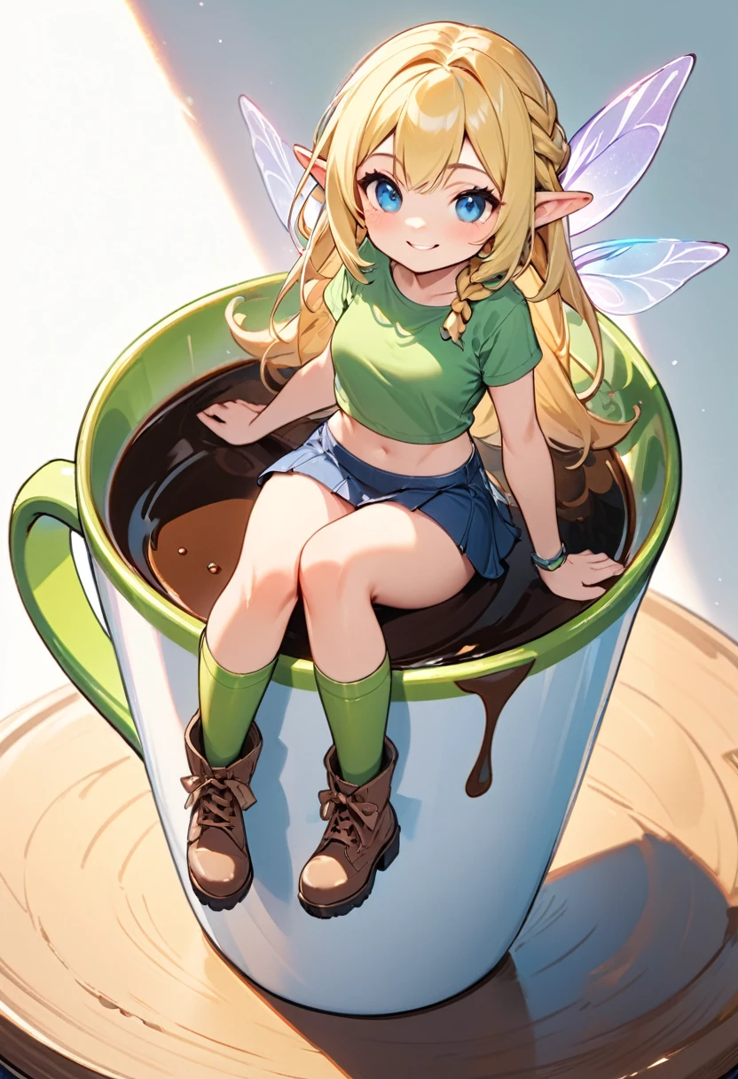 (masterpiece, best quality:1.2), 1 cute lady, solo, full body, A fairy-sized elven lady is sitting on the edge of an empty glass, sitting on the rim of an empty glass, looking at the viewer and smiling. Single braided blonde hair, blue eyes. green tube top and mini skirt, short boots, simple background
