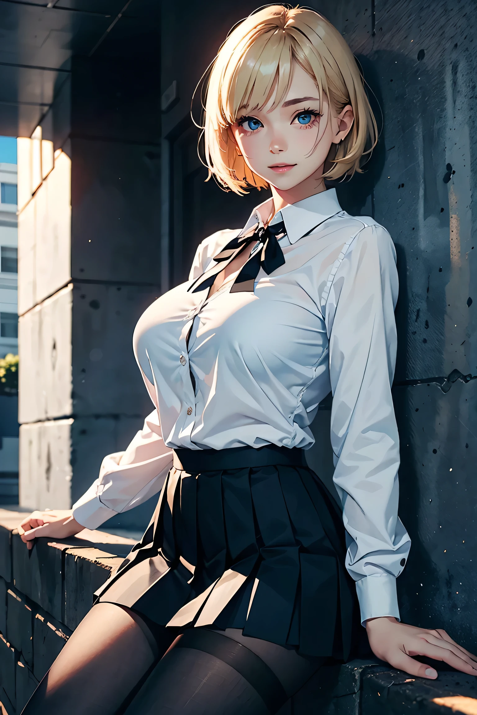 (masterpiece:1.2, Highest quality), (Realistic photos), Beautiful illustrations, (Natural side lighting, Cinema lighting),High detail、detailed、1 girl, Japanese、20-year-old female, Perfect Face, Symmetrical cute face, Glowing Skin, (Blonde Short Hair), Dark blue eyes, (Huge :1.1), Slender build, Flowing bangs、Beautiful Hair, Beautiful Face, Fine and beautiful eyes, Beautiful body, Beautiful breastse collared shirt、Small black ribbon、Navy blue pleated skirt、Black tights),smile、Blushing、Stand against a wall、Concrete wall