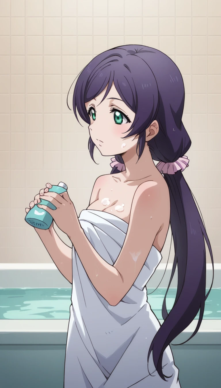 Score 9, Score 8 up, Score 7 up, The evaluation is questionable,
Detailed Background, Glowing Skin,Nozomi-san always, Green Eyes, Purple Hair, Twin tails, low Twin tails, Scrunchie, Long Hair,{best quality}, {very aesthetic}, {ultra-detailed}, {best illustration}, girl, sex worker, wrap a bath towel around body, bath room, bath mat, lotion, foam