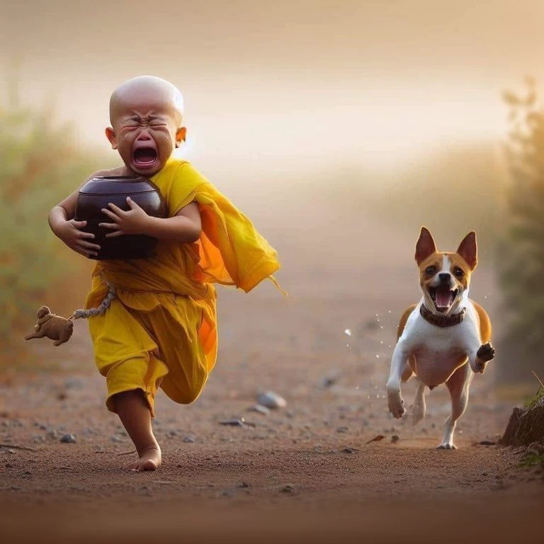 Arafael image of a young monk running with a dog., Best Photograph of the Year Winner, With a little dog who is more active than usual., Buddhist, By Joze Ciuha, award winning pictures!!!!, Impressive winning visuals, Buddhism, Work independently, Award winning shots, Prize - Winning Shot, The most beautiful picture ever created, he is very happy