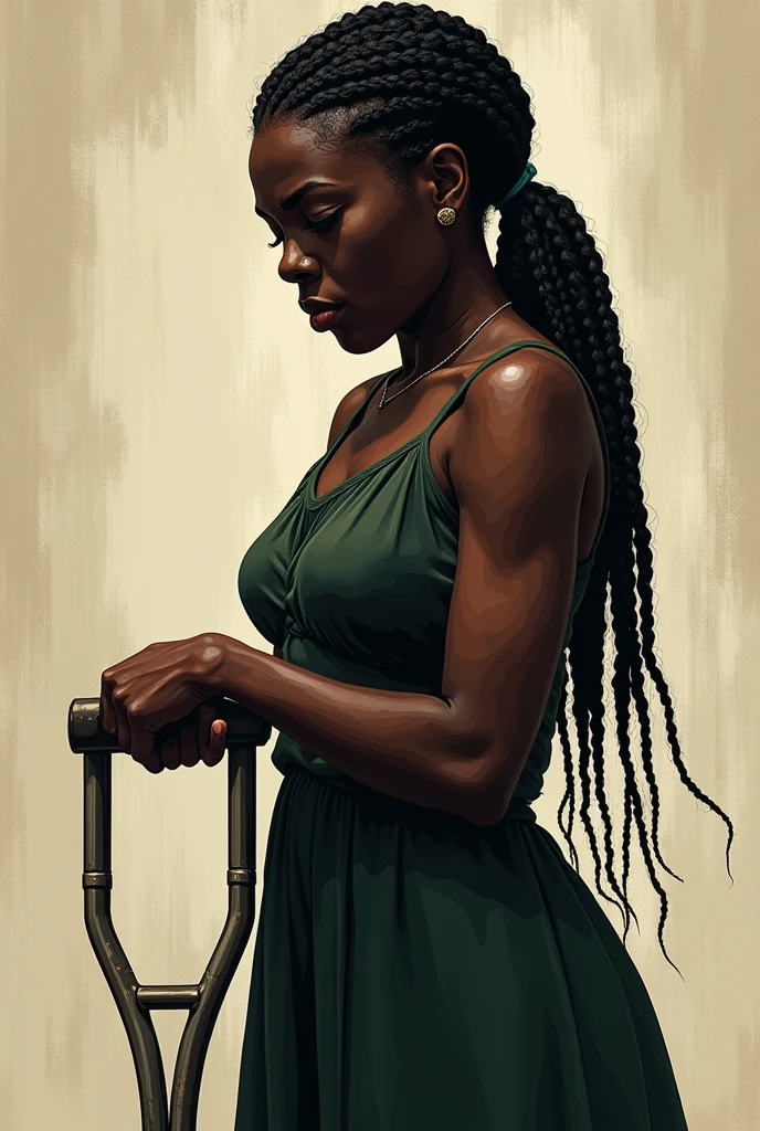 An illustration of a black woman holding a crutch on 4he4left hand with braids tied back looking down