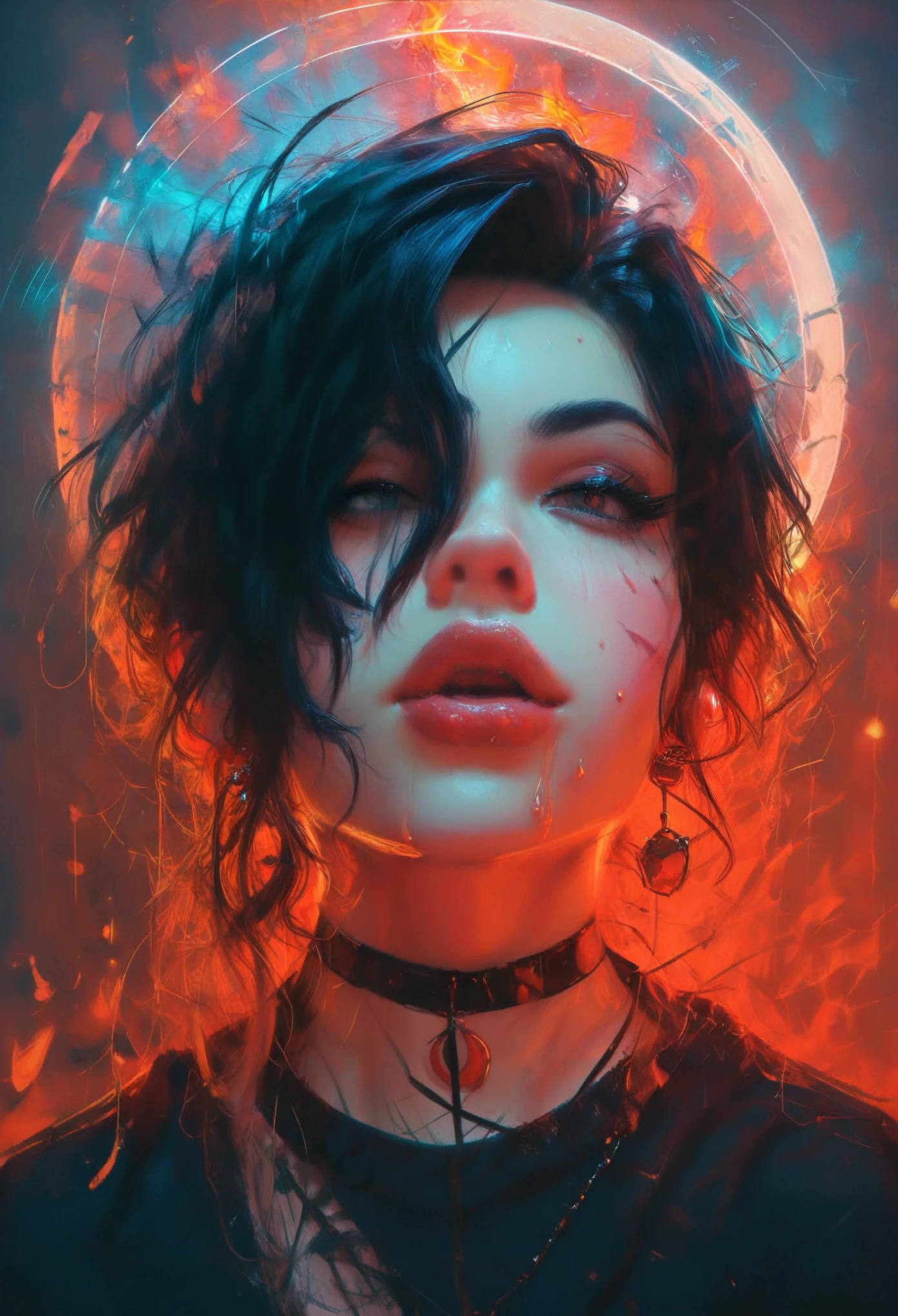 A character with an imposing and energetic appearance, wrapped in intense flames of vibrant colors ranging from orange to purple, creating a feeling of overwhelming power. His hair is white and messy, contrasting with a black mask covering his eyes, giving it an enigmatic and dangerous air. The character wears a dark tunic tied with a ribbon., while his body seems to emanate a fiery energy that distorts into chaotic patterns around him. The lines of fire and energy blend with your figure, highlighting his control over immense forces. The art style is colorful and dynamic, with thick strokes and fluid movements that convey a sense of action and supernatural power