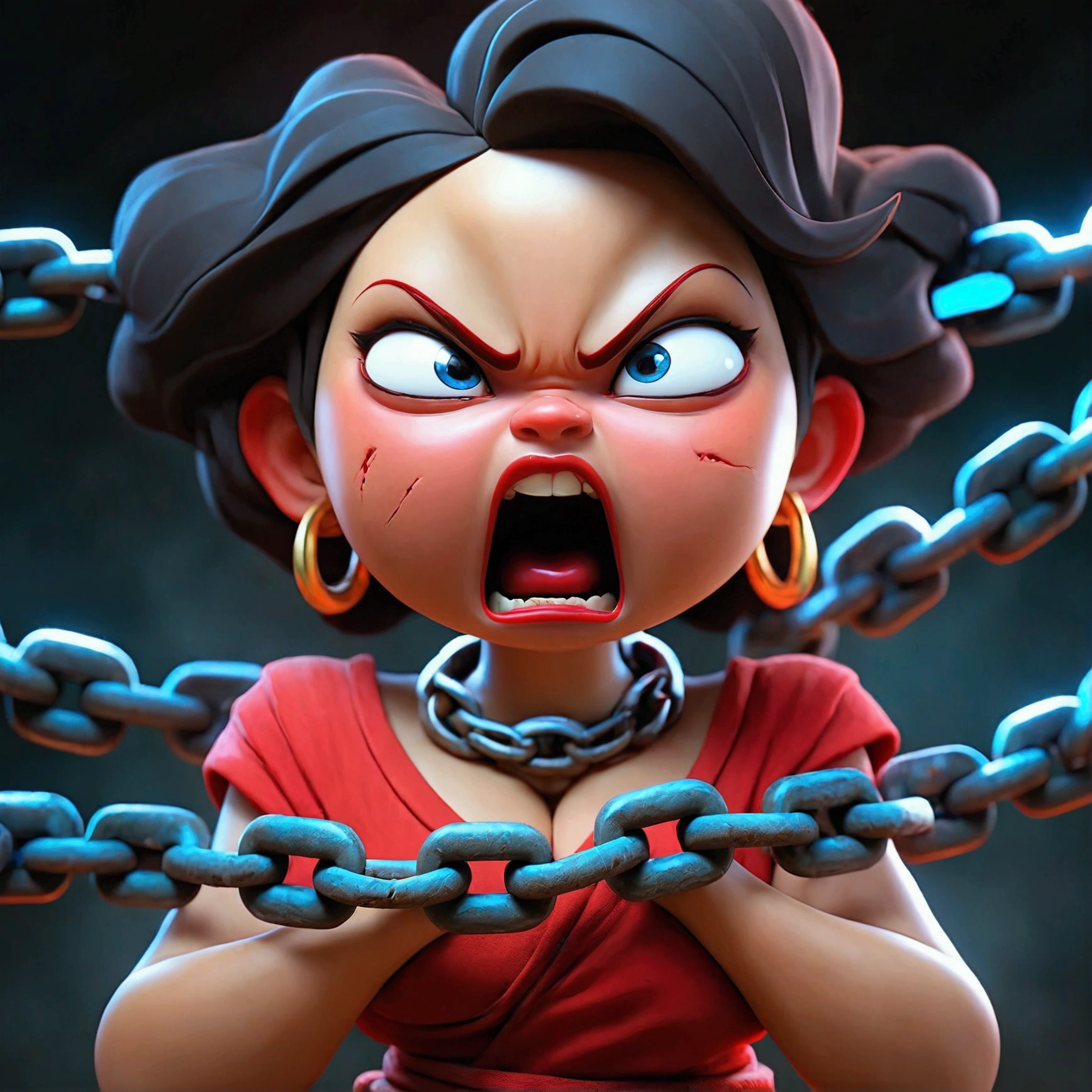 surrealism cinematic red barbed chain. full body, Beautiful Thai woman face, extra big jumbo fat body, angry expression, squat, both hands clenched, body splits and melts, pelviceae shaped body, split open showing a man coming out of his body, coiled chains abstract, phallistic-like head ominous, baby blue, dark cinematic, intricate, epic, highly detailed, vibrant, production cinematic character render, ultra high quality model
