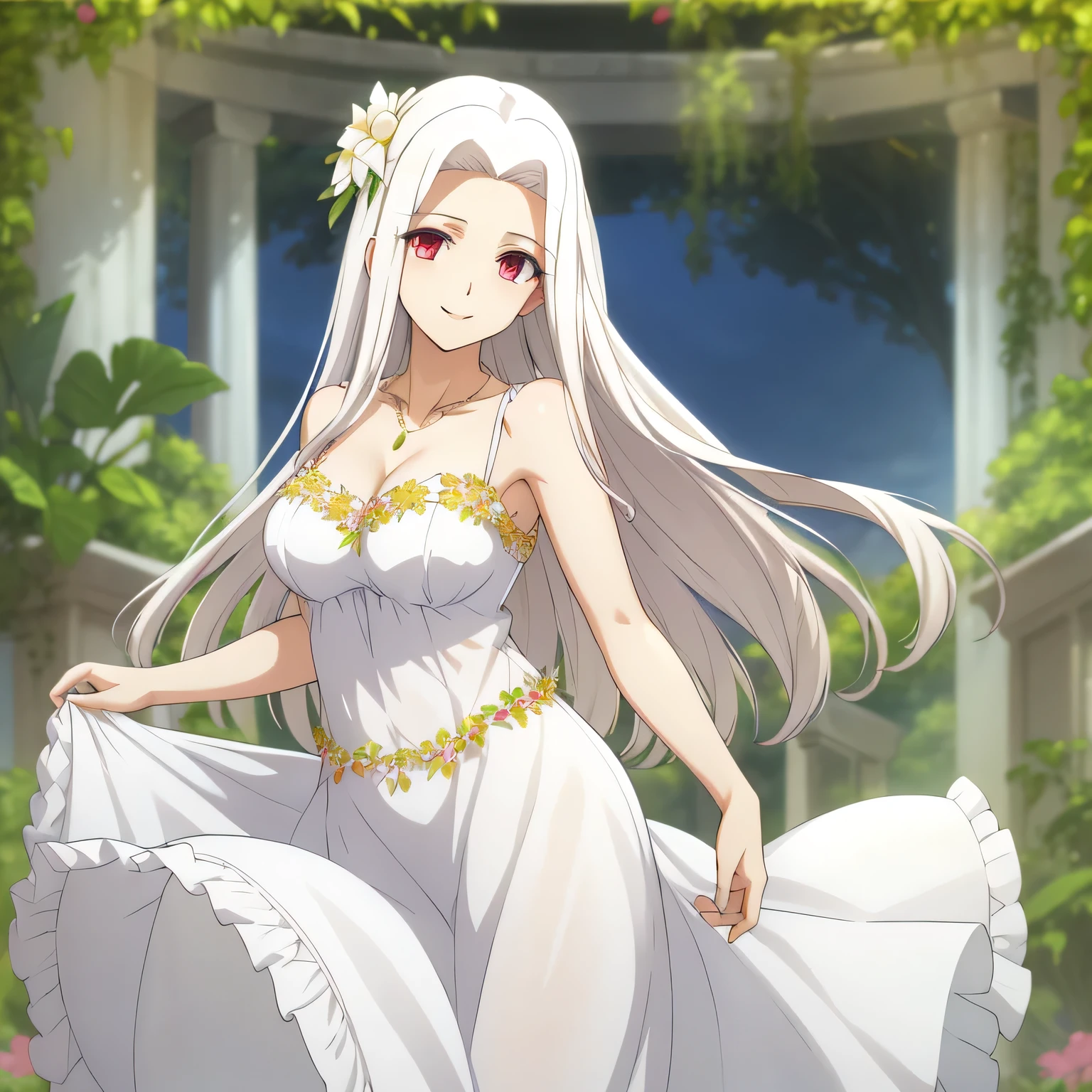 Irisviel,Greek silky dress sleeveless,solo,looking at viewer,beautiful smile,arm at side,middle size of breast,beautiful necklace,tall breasts,flowers in air,in beautiful jungle,irisviel,carrying a flower basket,sexual theme