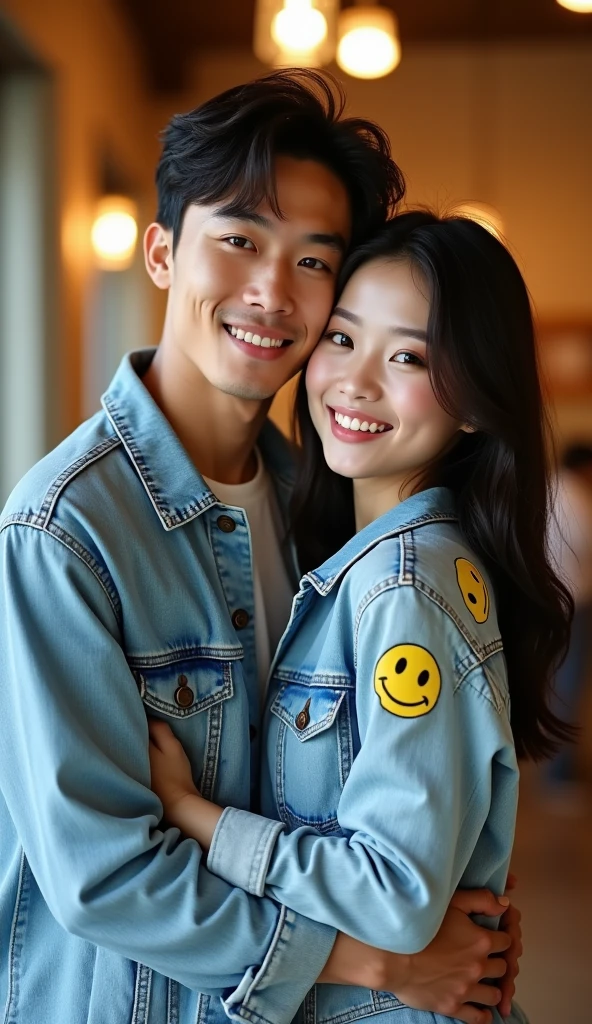 A handsome Korean young man with facial features similar to a well-known Korean celebrity is embracing his beautiful girlfriend in a cozy photoshoot. The man has a strong, defined jawline, high cheekbones, and expressive almond-shaped eyes that convey warmth and confidence. His slightly wavy hair is styled neatly, and he has a subtle, engaging smile that complements his refined appearance. His girlfriend, with a heart-shaped face and smooth, fair skin, radiates a natural glow. She has almond-shaped, deep brown eyes exuding warmth and kindness, framed by well-defined eyebrows with a gentle arch. Her small, straight nose has a soft, slightly rounded tip, and her full, naturally pink lips curve into a subtle, inviting smile. Her high cheekbones and soft waves of hair enhance her refined look. She is dressed in a trendy smiley face denim outfit—light-wash denim jacket and jeans with playful smiley face patterns. Both are looking directly at the camera, capturing their affectionate connection and her cheerful yet elegant style in a warm, engaging photoshoot setting.