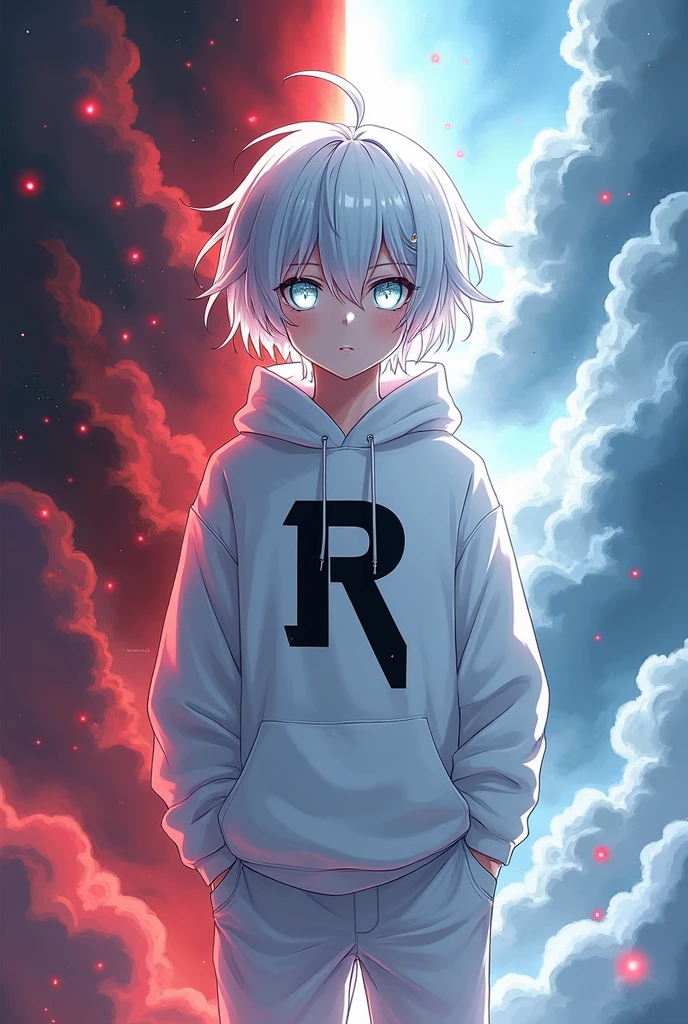 A boy in white hoodie with white pant anime adult written R in black colour in hoodie white hair background like he is in half heaven half hell with white eyes