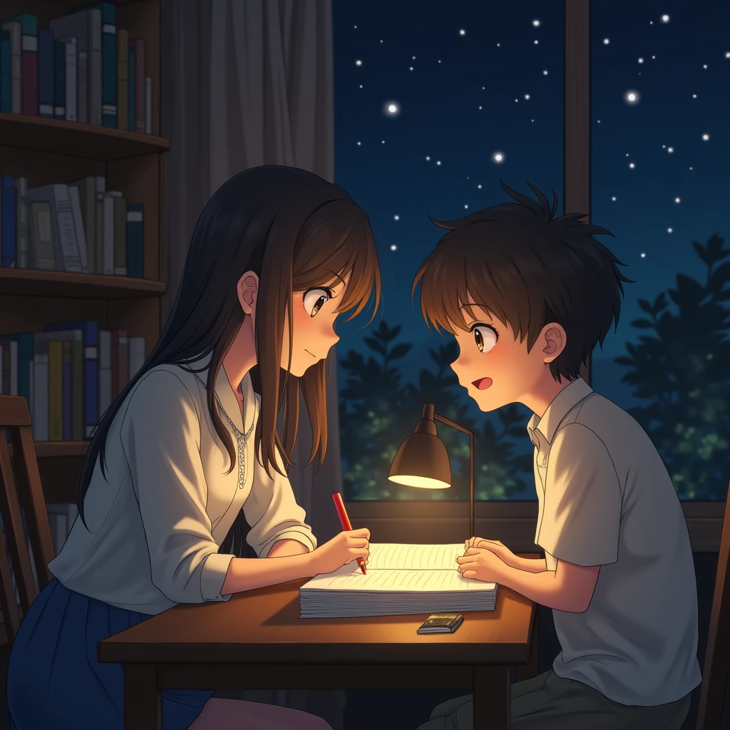 A beautiful girl studying in her study room in anime style  at night ... She is sitting beside lamp.... Her side profile ... A boy is sitting in front of her looking at her passionately at library close up shot