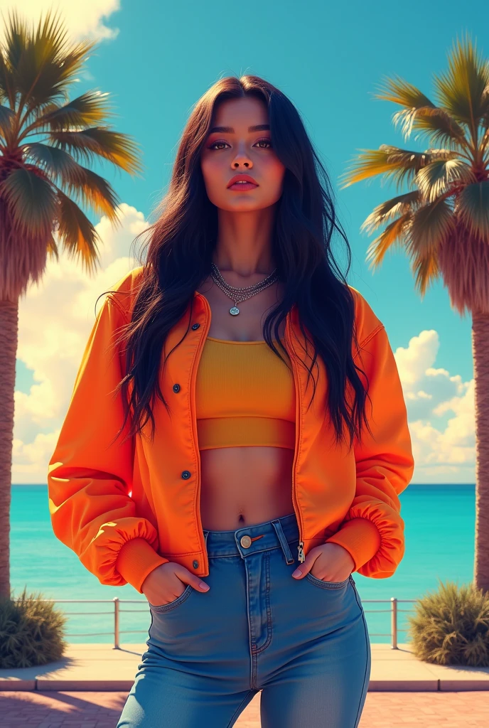 Orange and Indigo Keynote Speech、Vibrant colors、((masterpiece)))、(((top-quality)))、((ultra-detailliert))、(A hyper-realistic)、(highly detailed CGillustration)、Official art、CD cover、urbane、City Pop、Palm trees、seaside、Long Black Hair、It will be、Cool feeling、Mid summer、Stylish、glorious 1980s、Cool Beauty、cochetti gorgeous、matchless beauty、jaket、jeans、Female Solo、Perfect Angle、perfect-composition