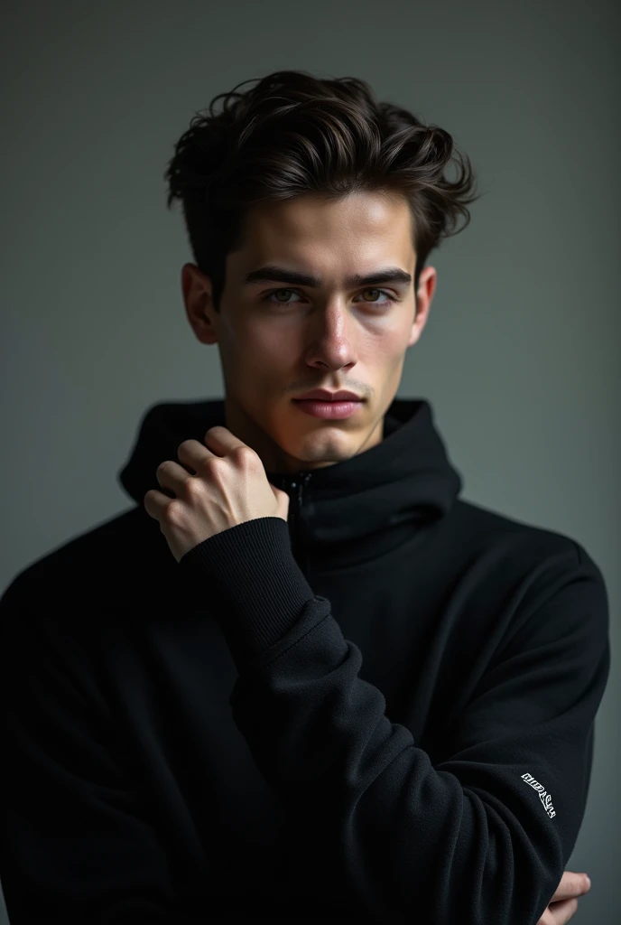 Plan sur un jeune homme de 20 ans, avec un sourire mystérieux, tenant un pull de marque stone island