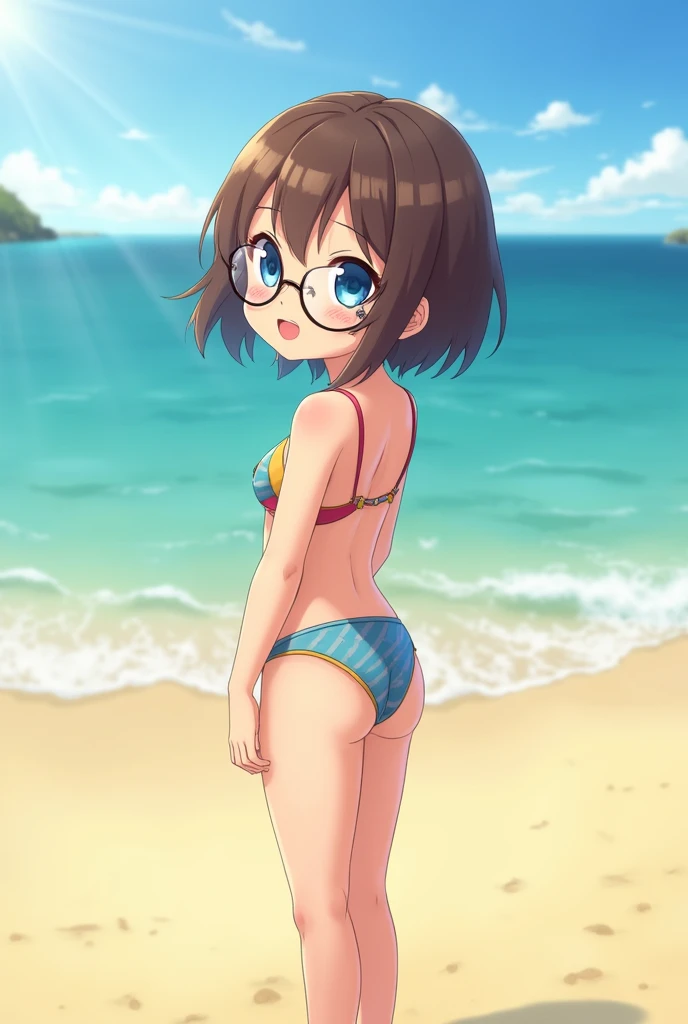 Teenage anime girl with short brown hair, round eye glasses, blue eyes, wearing a swimsuit at the beach and a shy look on her face