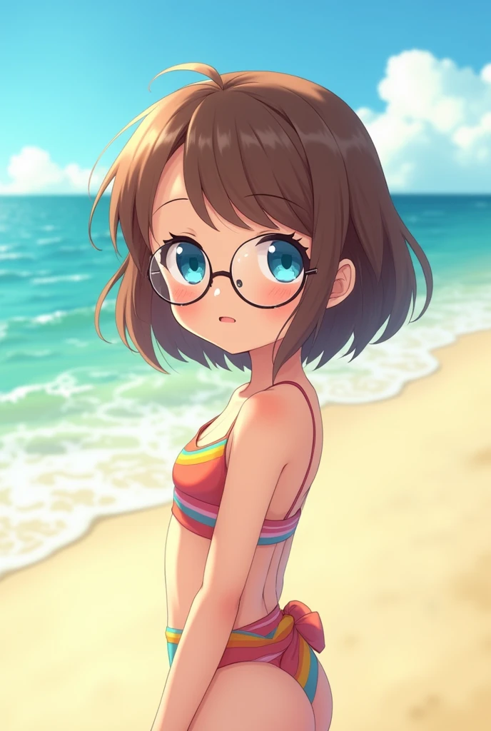 anime girl with short brown hair, round eye glasses, blue eyes, wearing a swimsuit at the beach and a shy look on her face