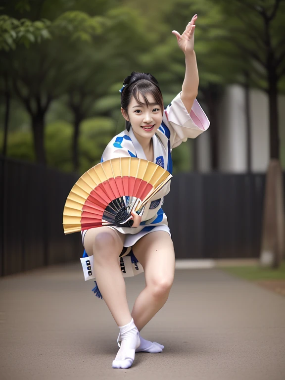 Photo-realistic quality、A Japanese woman wearing a white happi coat and holding a folding fan is dancing the Awa Odori dance in the park, Cute playful pose of the dancer, White socks、Traditional Japanese Kimono、looking at the camera、Detailed and beautiful eyes、Cute smile、A soft and gentle look、Thin thighs
