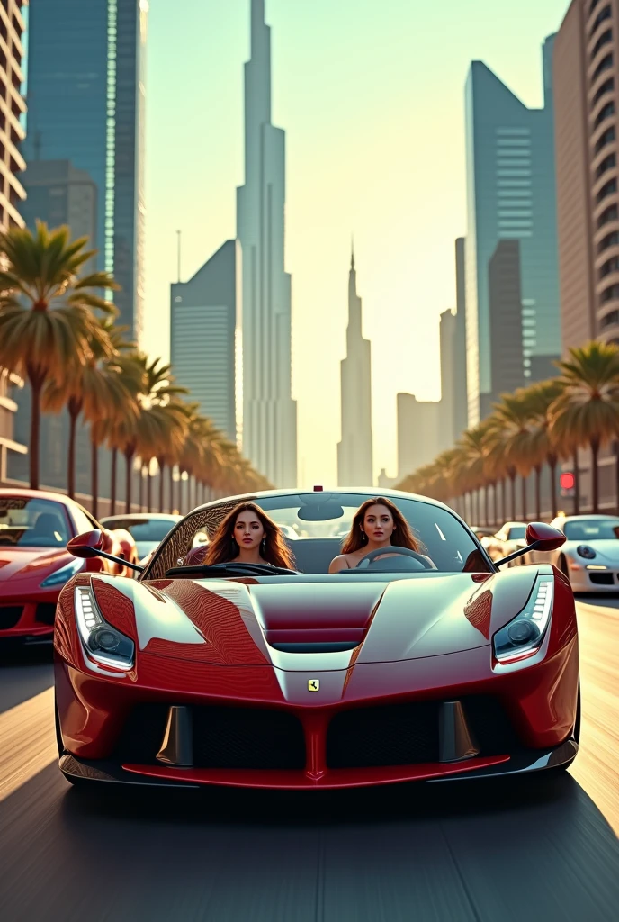 Beautiful women driving a Ferrari in busy road in Dubai