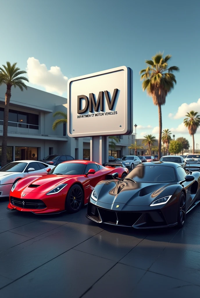 Create a Sign saying "DMV" With several luxury cars behind
