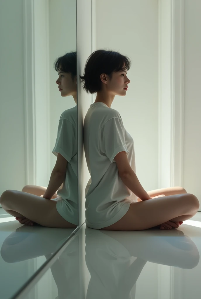 Human sitting from the side, vertically mirrored
