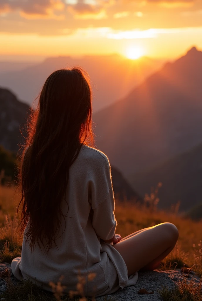 Une image de loin d'une silhouette de femme assise face à un coucher de soleil, corpulence en surpoids, taille 1m60, très long cheveux jusqu'aux fesses brun lisse, idéalement dans un paysage montagneux des Alpes Maritimes